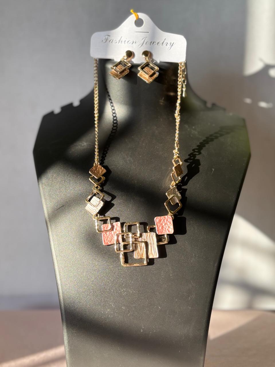 Geometric Pink Necklace Set with Earrings