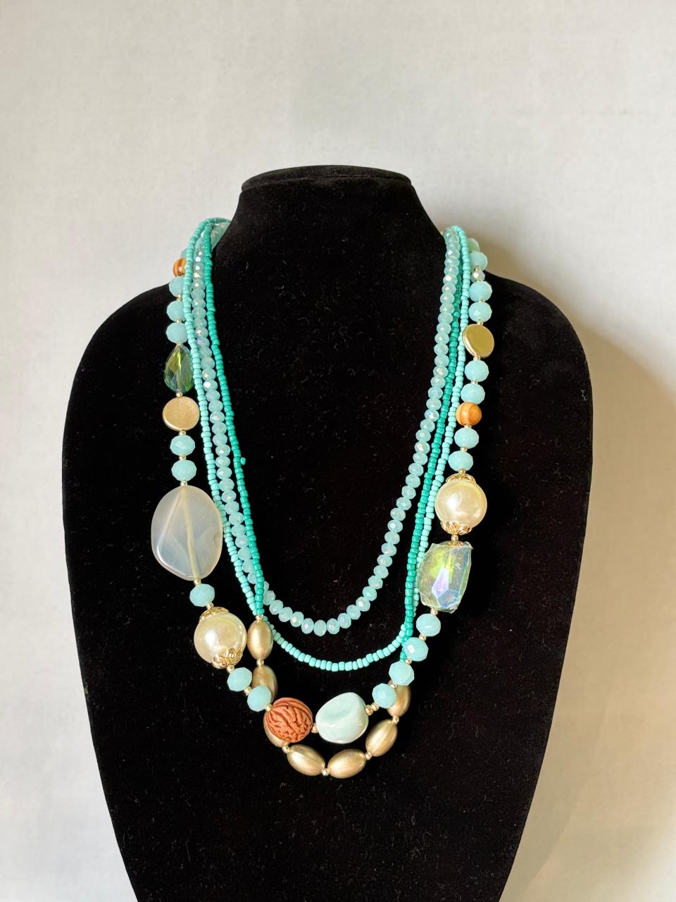 Aqua Raga Beaded Multi Layered Necklace with Rudraksha